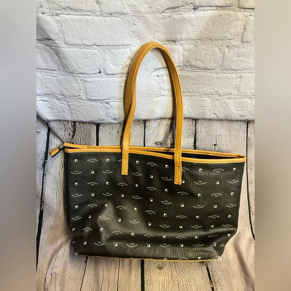 5/$20 Nautica 1983 Logo Zippered Boat‎ Tote Bag Black Camel Cream Patchwork ASIS